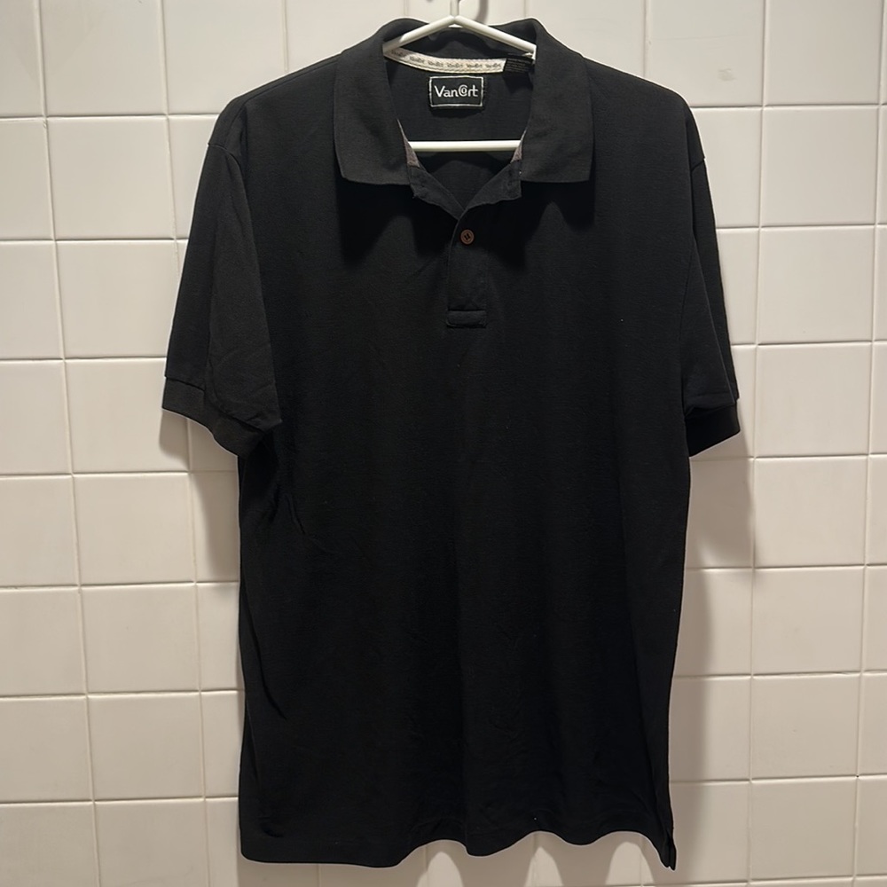 VanCort Polo Xl Black Vintage Made In Hong Kong 65%Poly/35# Cotton P/P-22” L-26”